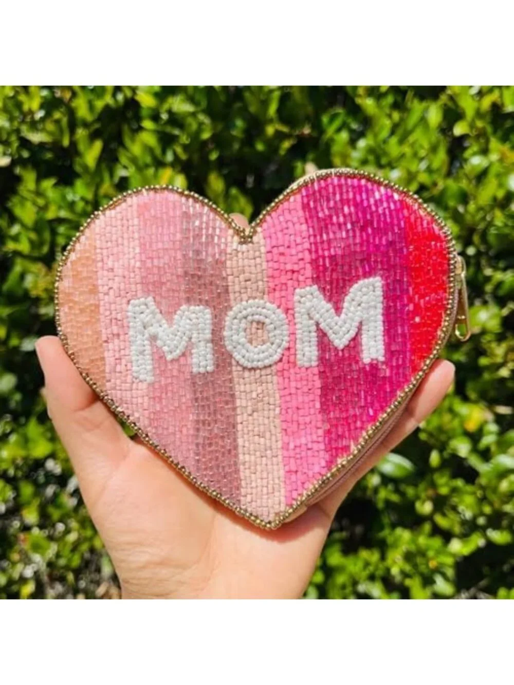 Chic Pink Heart-Shaped Beaded Pouch | Small Mom Wallet & Purse Accessory